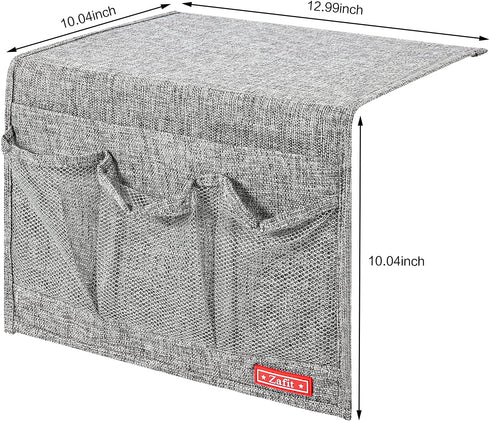 Linen 4 Pockets Bedside Caddy, Storage Organizer for Magazine, Remotes, Phone (Classic Grey)