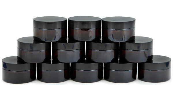 Vivaplex 12 Amber Round Glass Jars, 15 ml with Inner Liners and Black Lids