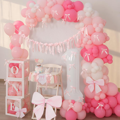 Pink Bow Birthday Decorations Girls Just Wanna Be One First Birthday Pink White Balloon Arch Backdrop High Chair Banner