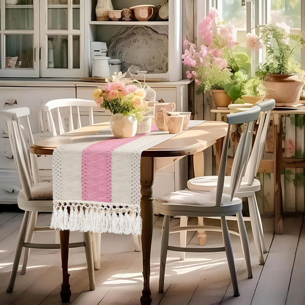 yuboo Pastel Pink Spring Table Runner, Small Boho Macrame Dresser Runner Scarf