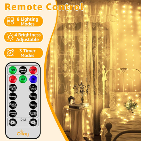 600LED 19.7ft 9.8ft, IP67 8 3 Ollny Curtain Lights x Waterproof Outdoor Curtain Rice Lights with Remote, Plug