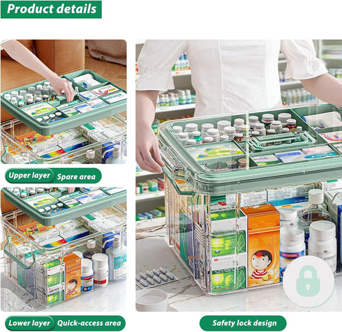 NZYNZY 15qt Clear Medicine Organizer Storage Box with Tray, Plastic First Aid Box Empty, Medicine Caddy with Lids