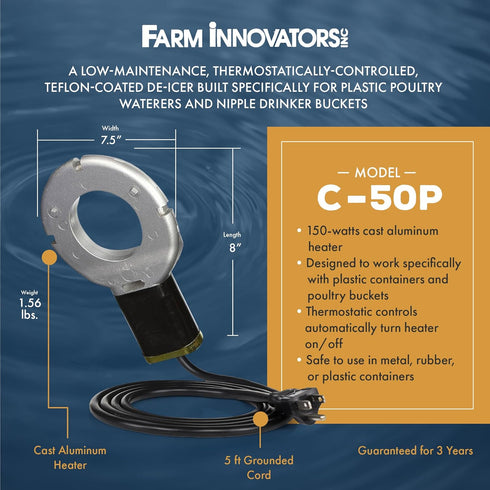150W Farm Innovators Chicken Waterer De-Icer for Nipple Drinker Chicken Water Buckets - Water Deicer