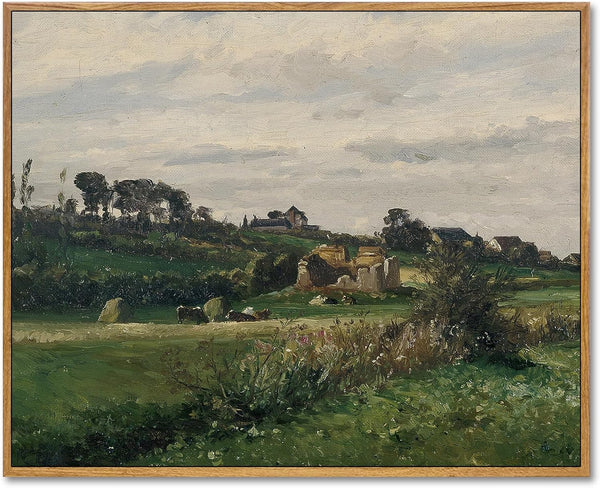 Farmhouse Landscape Canvas Wall Art, Antique Art French Artwork Vintage Country Grassland Posters 8x10inch Frame