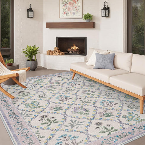 Purple Rug for Girls Room, 5x7 Washable Boho Floral Area Rugs for