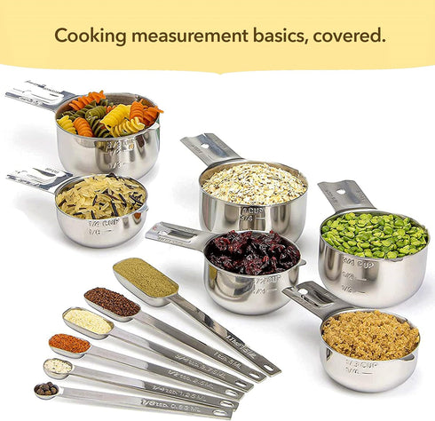 Simply Gourmet Measuring Cups and Spoons Set of 12, 304 Premium Stainless Steel, Stackable Cups Long Handle Spoons for