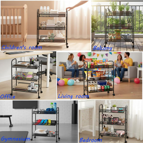 3 Tier Metal Rolling Cart with Wheels, Wire Bathroom Organizer Storage Shelves with Hooks, Utility Cart for Kitchen
