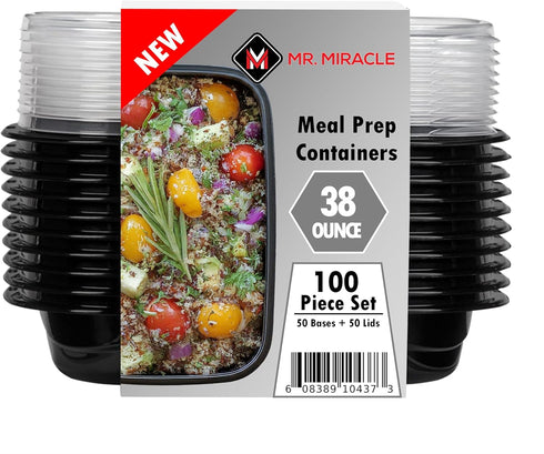 Mr Miracle Meal Prep Containers with Lids, 50 Pack, 38 Oz Leakproof Disposable Food Containers