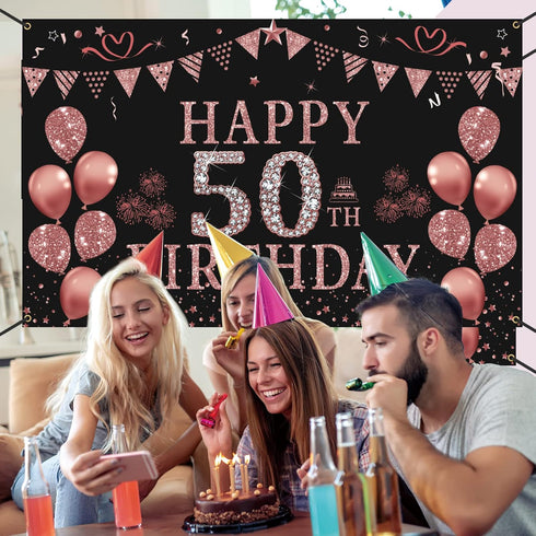 Trgowaul 50th Birthday Decorations for Women - Rose Gold 50th Birthday Banner Backdrop, Happy 50th Birthday Party
