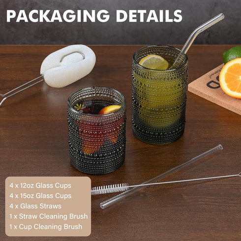 ZMOWIPDL Set 8,Grey 12 oz 15oz Vintage Hobnail Drinking Glasses of & Highball Glass Cups, Kitchen Drinkware