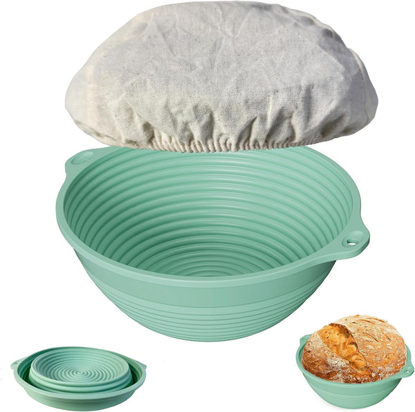 9in Bread Proofing Basket, Silicone Sourdough Baking Bowl with Liner, Thick Foldable Reusable Handmade Supplies (Light