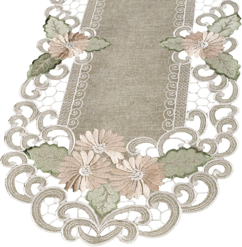 Embroidered Gold Daisy Fleur Latte Table Runner, Dresser Scarf, Coffee Table Doily (12.5Wx26L)