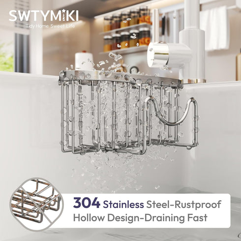 SWTYMIKI Sponge Holder for Kitchen Sink - Movable Kitchen Caddy with M Shape Hook, Stainless Steel Hanging Sponge Caddy