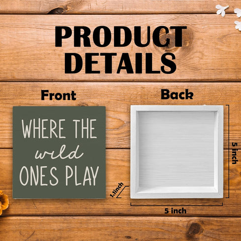 5X5, Where The Wild Ones Play Green Wood Box Sign Desk Decor Nursery Kids Room Wooden Block Sign Decorations