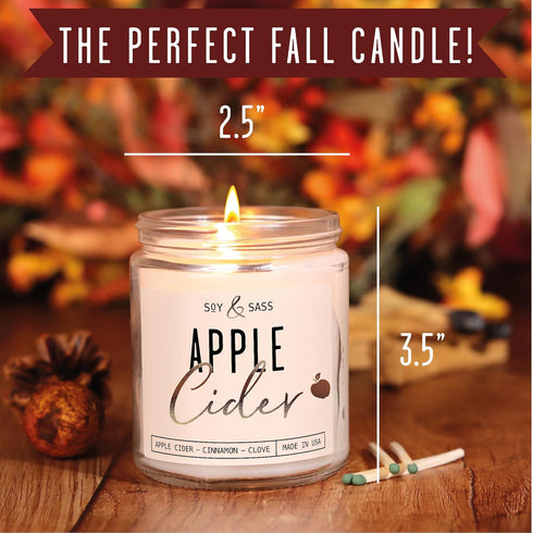 Apple Cider Candle - Fall Scented Candle with Essential Oils - 9oz Reusable Jar, 50Hr Burn, Made in USA