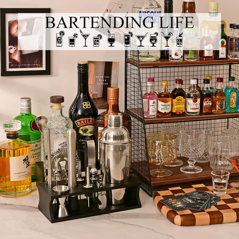 Set 17-Piece Set Bartender Kit Cocktail Shaker with Stand Bar Tool Bar for Drink Mixing Home Bartending Kit Bar Cart