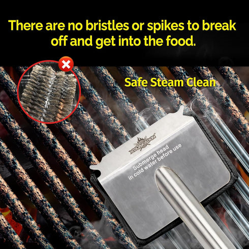 Bristle-Free Grill Brush Upgraded Aramid Fiber Wavy Pad. Safe for Cast Iron, Porcelain, Weber Gas & Charcoal Grills.