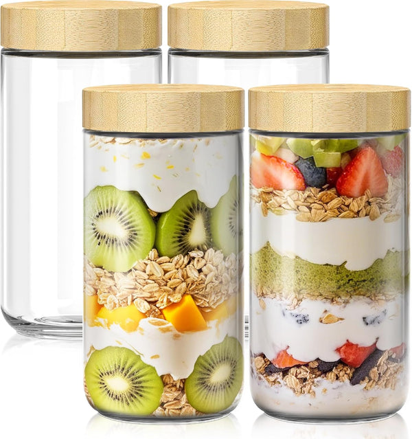 4 pack 24oz Overnight Oats Containers with Bamboo Lids, Glass Jars with
