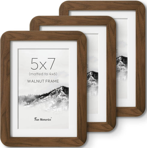 Fun Memories 5x7 Picture Frame 3 Pack, USA-Sourced Walnut Wood Photo Frames