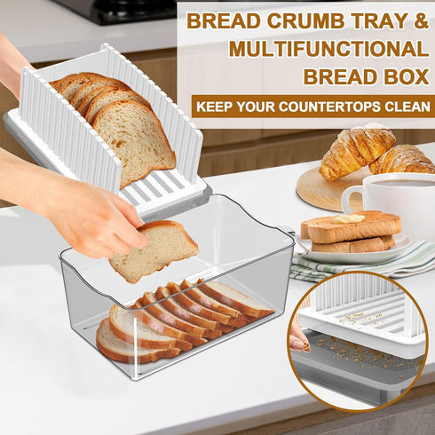 Upgrade Bread Slicer with Bread Box - Adjustable Width Cutting Guide, Foldable and Compact with Crumb Tray
