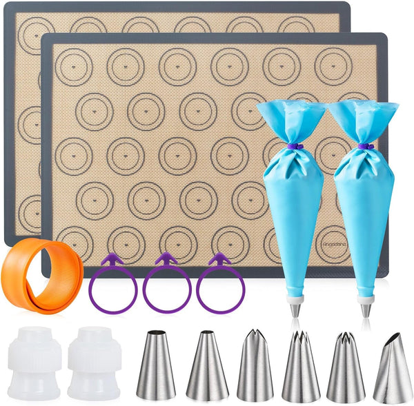 Angadona Macaron Baking Mats Kit (16pcs) - 2 Half Sheet Nonstick Silicone Mat, 6 Piping Tips, 2 Bags, 2 Couplers