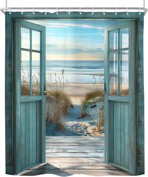 Riyidecor Blue Beach Barn Door Shower Curtain, Ocean Coastal Rustic Scenery, 72Wx72H Inch, Polyester Waterproof with 12