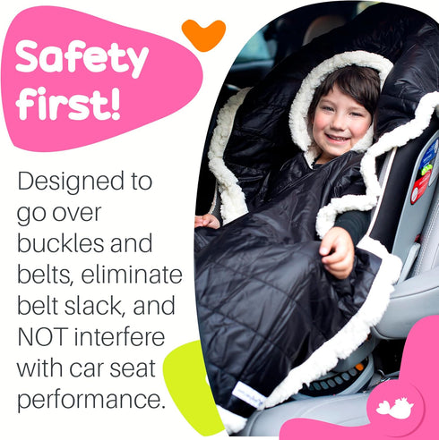 Birdy Boutique Car Seat Poncho for Kids, Reversible Warm Blanket, Safe Over Seat Belts, Black, One Size
