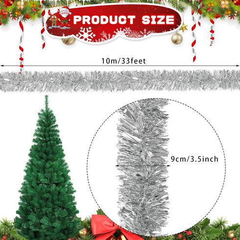 DECORA 33 Feet Silver Tinsel Garland, Metallic Hanging Tinsel for Christmas Tree Home and Party Decoration