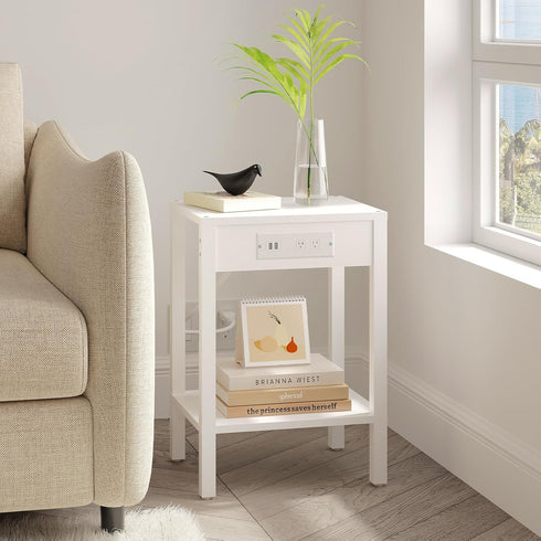MMEOLUOOK 2-Tier MLBZ14WE End Table with Charging Station, Nightstand with Storage Shelf,Modern Side Table,Bedside