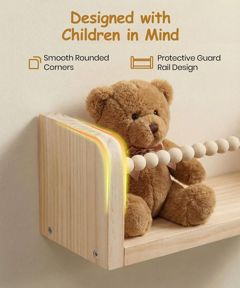 Set 3, Nursery Book Shelves for Wall of Natural Wood Bookshelves Wall Decor, Small Floating Shelf Organizer for Kids