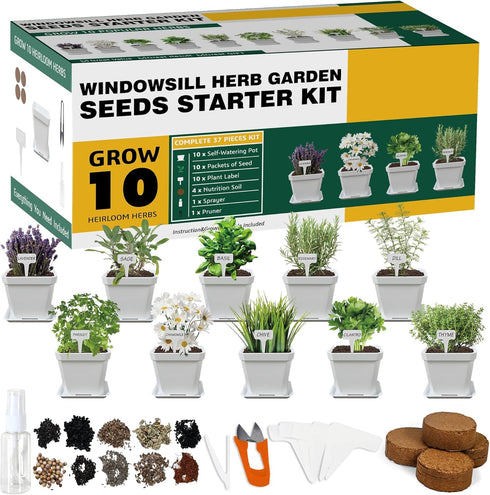 Meekear 10 Herb Seeds Garden Starter Grow Kit with White Pots, Markers,