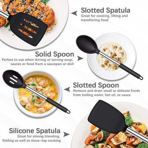 Silicone Spatula Spoon, 4 Pack Silicone Solid Turner Slotted Spatula and Kitchen Silicone Spoons Set for Cooking Baking, Heat Resistant BPA Free Black Silicone Utensils for Nonstick Cookware Mixing by Thimmamma