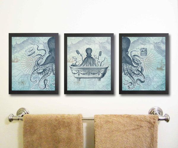 Silly Goose Gifts Vintage Nautical Bathroom Wall Art - Octopus Squid Restroom Decor, Funny Chinoiserie Print