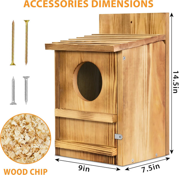 9" 14.5") Screech Owl House, Owl Bird Box Large Handmade Wooden Circular Opening Screech Box for Outside with Mounting