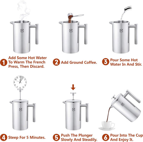 French Press Coffee Maker, 2 Cups Small Stainless Steel, Double Walled, 750ML/24OZ