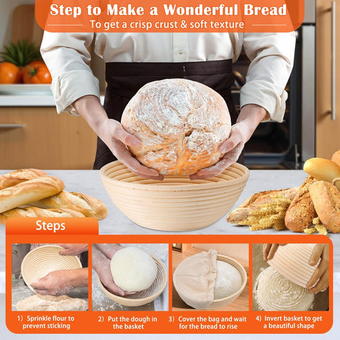 Set, 9'' P&P CHEF Complete Sourdough Starter Kit, Sourdough Bread Baking Supplies Round Bread Proofing Basket