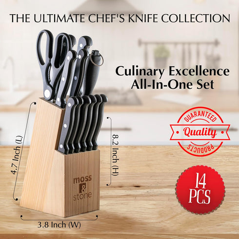 Moss & Stone 14-piece Knife Block Set - Premium Kitchen Knives Set with High-Carbon Stainless Steel Blades