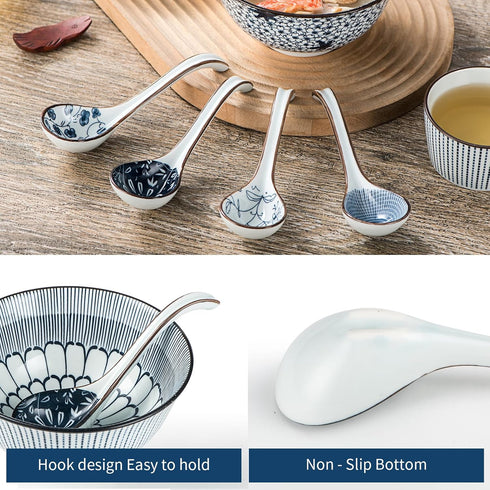 Asian Soup Spoons Set of 4, Ceramic Pho Spoons, Chinese Dumpling and Japanese Soup Spoons