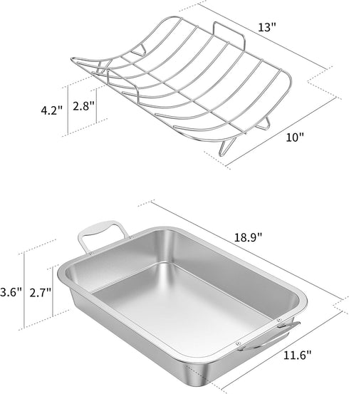 Skyflame Roasting Pan with Rack - Stainless Steel Rectangular Barbecue Bakeware with Nonstick U-Rack for Indoor/Outdoor