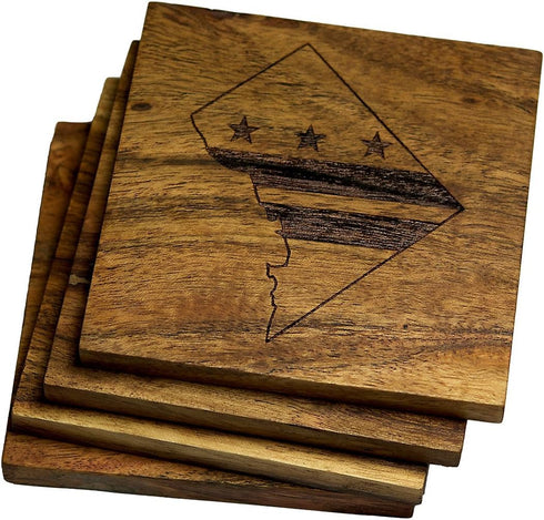 Washington DC Coasters, Engraved Acacia Wood Drink Coasters with Washington DC Flag Design, Set of 4