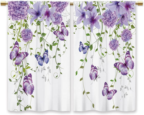 Purple Floral Butterfly Kitchen Curtains, Rustic Flower Small Short Cafe Window Drapes, 27.5x39 Inch