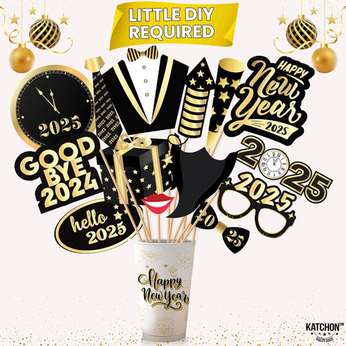 KatchOn New Years Photo Booth Props 2025 - Pack of 35 for New Years Eve Party Supplies and Decorations