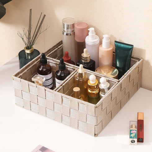 Drawer Organizer Bins, Woven Storage Stackable Box Set of 4 for Organizing Drawers, Shelves, Cabinets