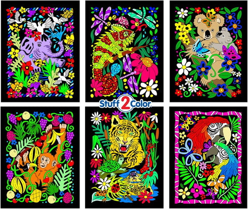 Koala, Gecko, Elephant, Monkey, Parrot, Tiger - 6 Fuzzy Velvet Posters to Color