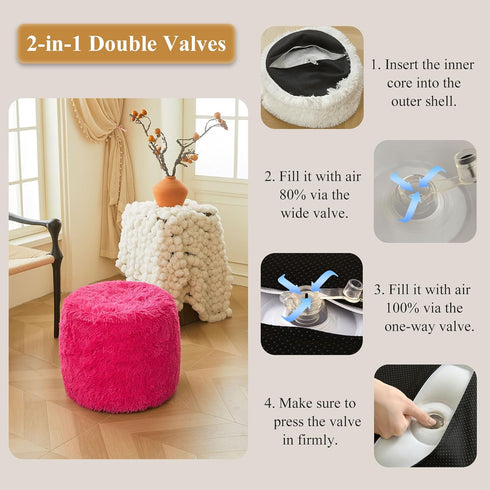 XeGe Fluffy Faux Fur Inflatable Pouf Ottoman, Soft Fuzzy Foot Stool Anti-Slip, Plush Foldable Foot Rest Floor Pouf