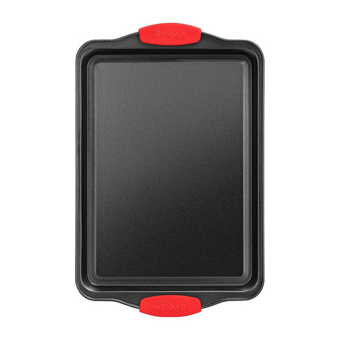 Nonstick Cookie Sheet Pan, Carbon Steel Oven Tray with Red Silicone Handles, Small Bakeware with Gray Coating