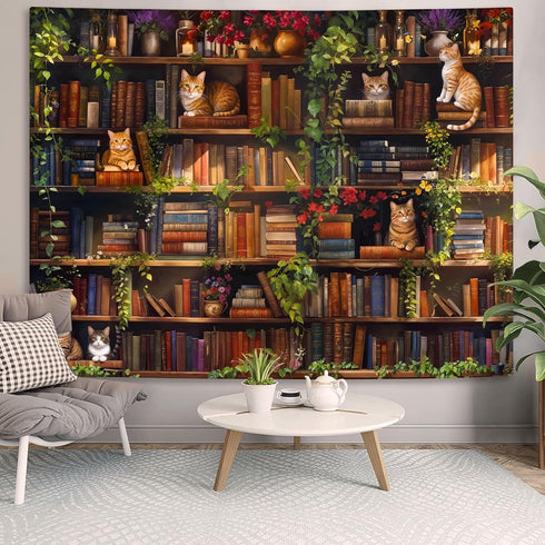 Accnicc 60 44 inch Plant Cat Bookshelf Tapestry Botanical Floral Flower Cats Book Tapestries Wall Hanging Vintage