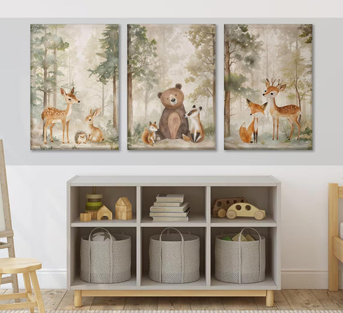 3Pcs MIZILI Woodland Animal Nursery Canvas wall art Wild Animals Forest Paintings Pictures Wall Decor Fox Bear Deer