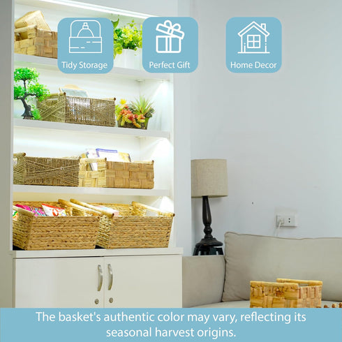 VATIMA Extra Large Wicker Basket, Rectangular with Wooden Handles for Shelves, Natural Water Hyacinth Basket for