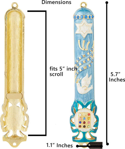Matashi Hand Painted 5.7" Blue Dove Mezuzah - Gold Accents and Star of David with Crystals, Home Decor Gift